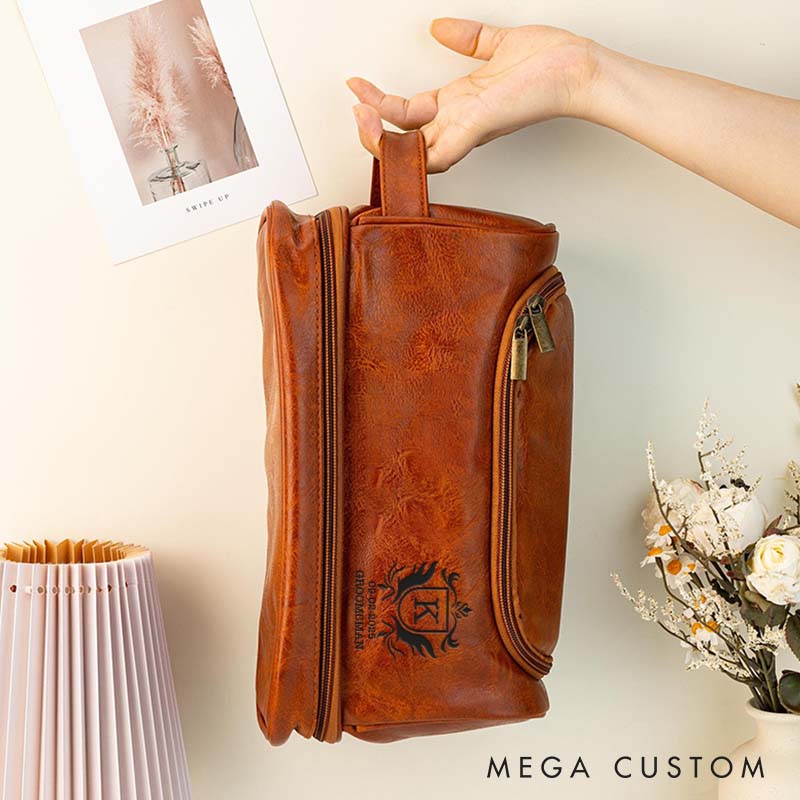 Personalized Groomsmen Shaving Kit Bag Engraved Leather Toiletry Bag for Groom Regal Crest Design Men’s Travel Bag for Wedding Party