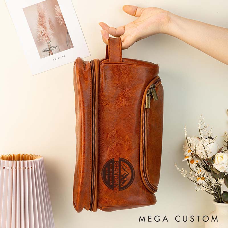 Personalized Groomsmen Leather Dopp Kit Groom Bachelor Party Toiletry Bag Men’s Striking Mountain Design Travel Bag Groomsman Proposal Gift Bag