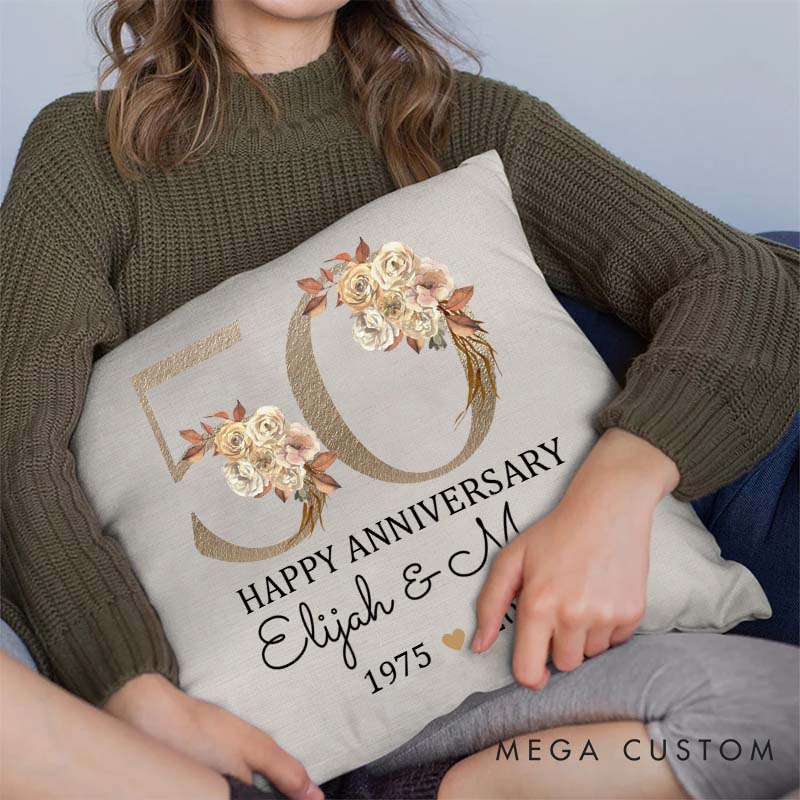 Personalized 50th Anniversary Pillow Couple Golden Wedding Anniversary Pillow Floral Design Couple 50 Years Anniversary Gift for Husband Wife