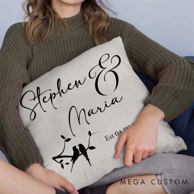 Personalized Love Birds Couple Pillow Custom Wedding Anniversary Gift Pillow for Couple Home Decor Pillow With Name and Date