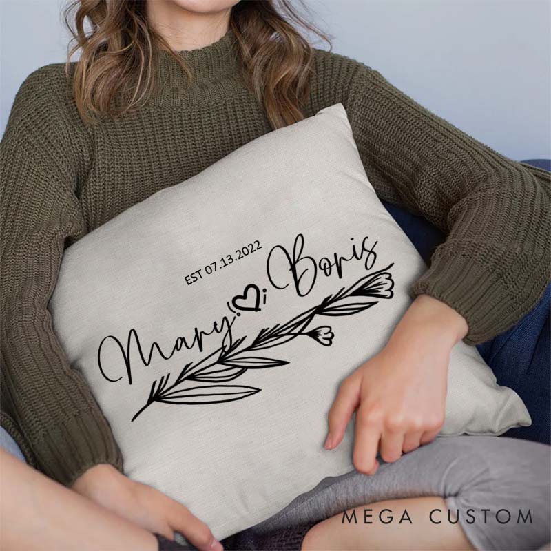Personalized Couple Anniversary Pillow Wife Husband Wedding Anniversary Pillow Romantic Floral Branch Design Pillow with Name and Date