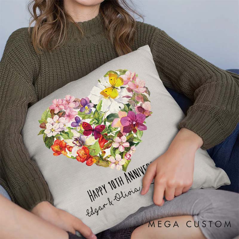 Personalized Floral Heart Anniversary Pillow Couple Wedding Anniversary with Name and Date Romantic Floral Heart Pillow for Him Her