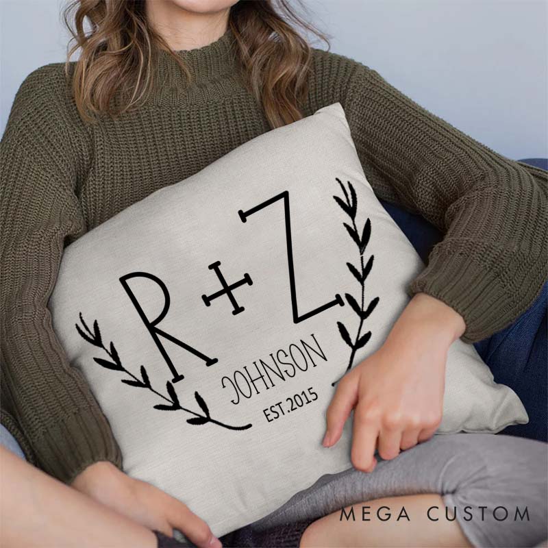 Personalized Couple Initials Pillow Custom Husband Wife Wedding Anniversary Gift Pillow Rustic Laurel Design Anniversary Pillow for Couple