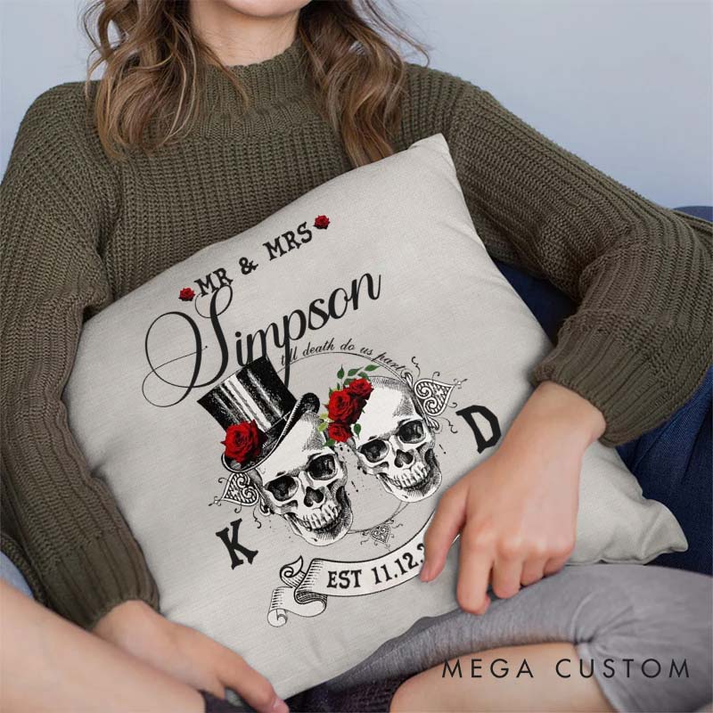 Personalized Gothic Couple Anniversary Pillow Woman Man Wedding Anniversary Pillow Skull Couple Design Pillow with Name and Established Date
