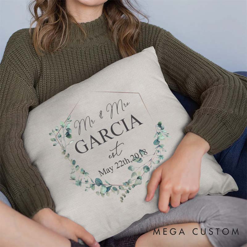 Personalized Mr. and Mrs. Pillow Couple Wedding Anniversary Pillow Elegant Floral Wreath Design Pillow with Name and Date