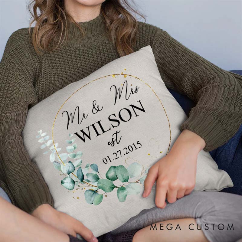 Personalized Mr. and Mrs. Anniversary Pillow Couple Wedding Anniversary Pillow Elegant Greenery Wreath Design Pillow with Name and Date