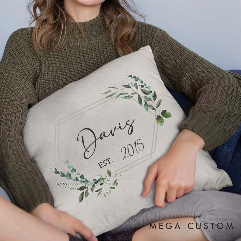 Personalized Couple Anniversary Named Pillow Elegant Greenery Design Pillow with Established Date Husband Wife Anniversary Gift Pillow