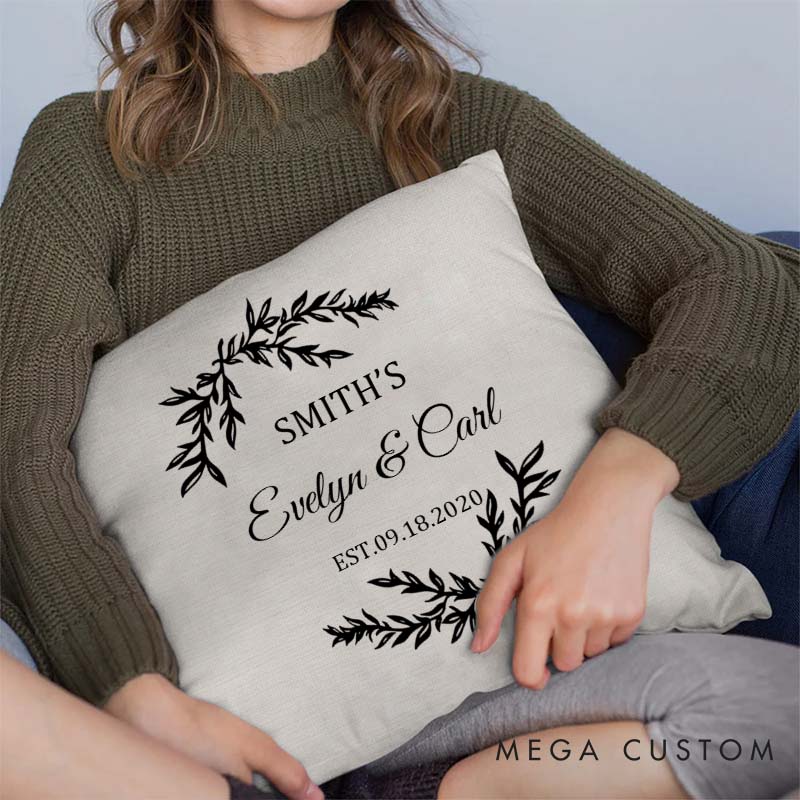 Personalized Couple Wedding Anniversary Pillow Husband Wife Cotton Anniversary Pillow Elegant Wreath Design Pillow with Names and Date
