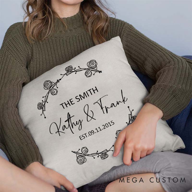 Personalized Couple Wedding Anniversary Pillow Rose Wreath Design Pillow with Names and Year Husband Wife Anniversary Gift