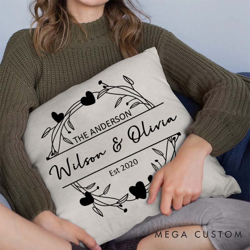 Personalized Couple Pillow Husband Wife Anniversary Pillow Romantic Heart Wreath Design Pillow with Names and Established Year