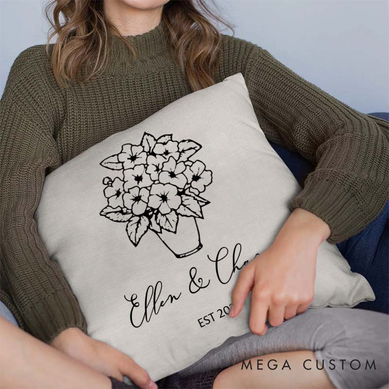 Personalized Floral Couples Pillow Couple Wedding Anniversary Gift Pillow for Her Him Elegant Design Pillow with Names and Established Date