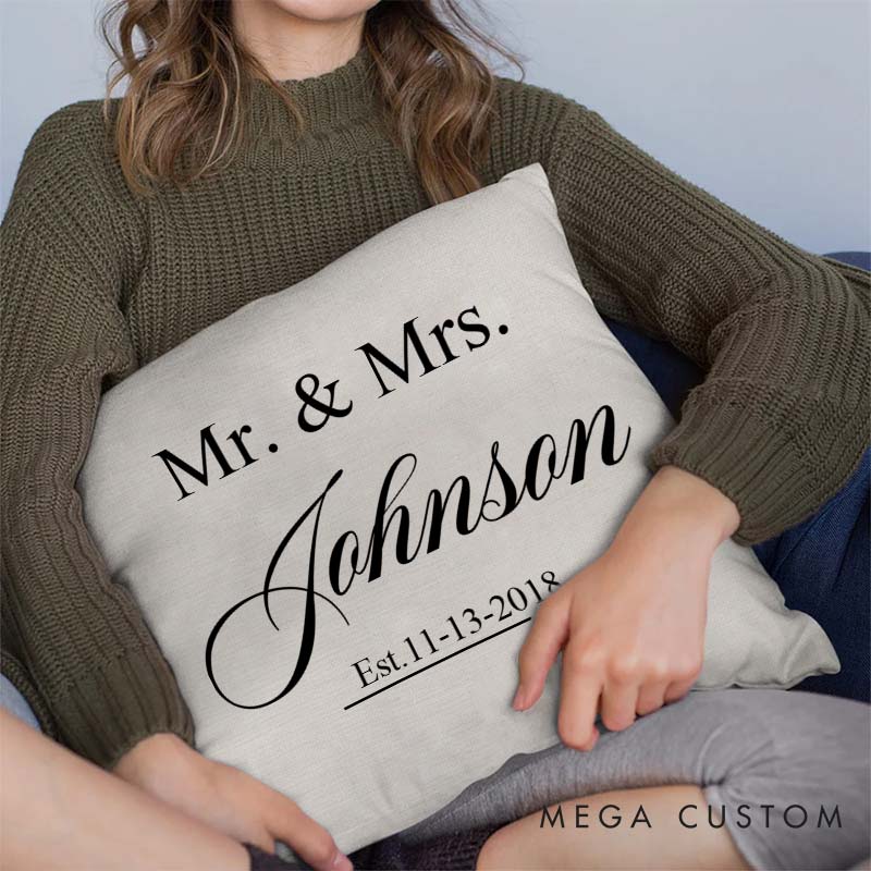 Personalized Mr. and Mrs. Anniversary Pillow Couple Wedding Anniversary Pillow Minimalist Design Pillow with Couple Name and Established Year