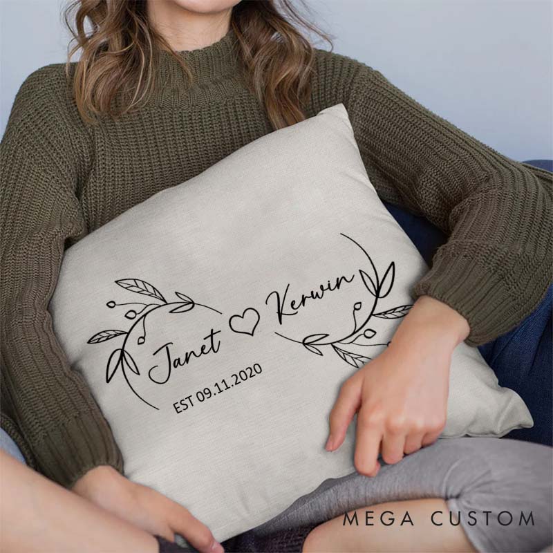 Personalized Couple Timeless Love Anniversary Pillow Leaf Infinity Design Pillow with Names and Date Husband Wife Anniversary Gift Pillow