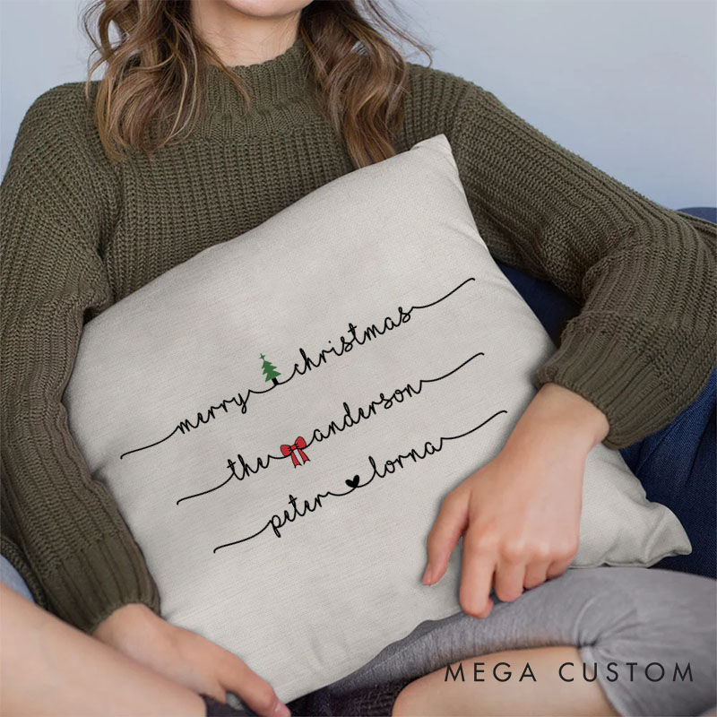 Personalized Couple Merry Christmas Pillow Custom Couple Xmas Tree and Bow Pillow with Name Boyfriend Girlfriend Gift Husband Wife Pillow for Him Her