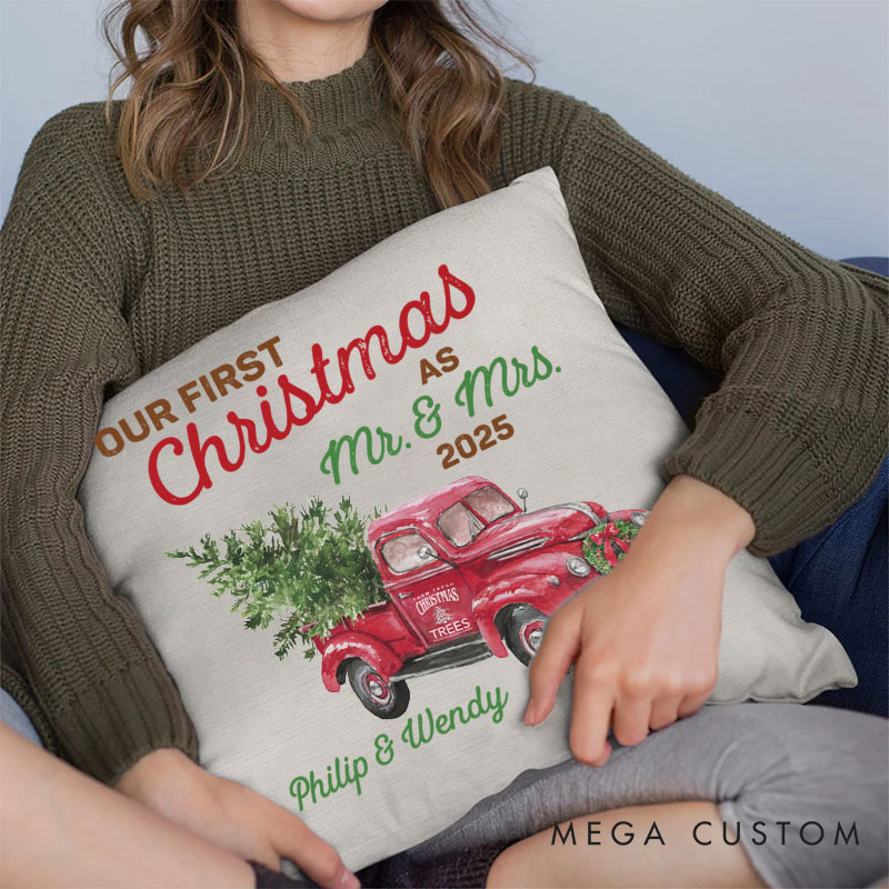 Personalized Couple Our First Christmas as Mr. and Mrs. Pillow Newlyweds Name Pillow Xmas Truck with Tree Pillow Husband Wife Pillow for Him Her