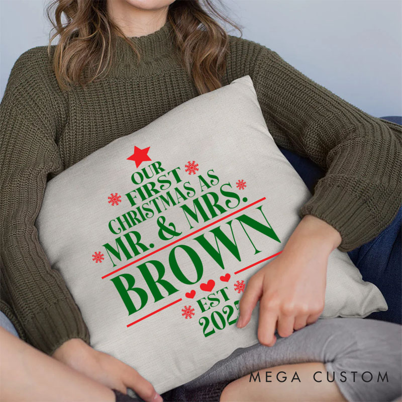 Personalized Couple Our First Christmas as Mr. and Mrs. Pillow Newlyweds Name Pillow Xmas Tree Pillow 2025 Husband Wife Pillow for Him Her