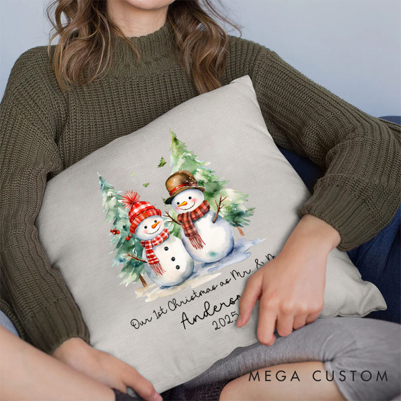 Personalized Couple Our First Christmas as Mr. and Mrs. Pillow Newlyweds Name Pillow Xmas Snowman and Tree Pillow 2025 Husband Wife Pillow for Him Her