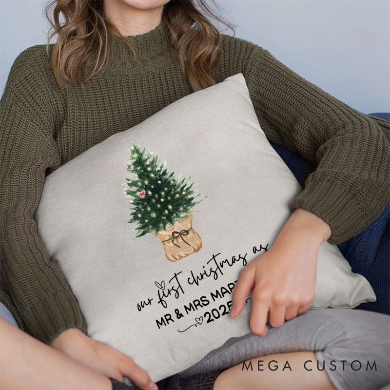 Personalized Couple Our First Christmas as Mr. and Mrs. Pillow Newlyweds Name Pillow Xmas Tree and Heart Pillow 2025 Husband Wife Pillow for Him Her