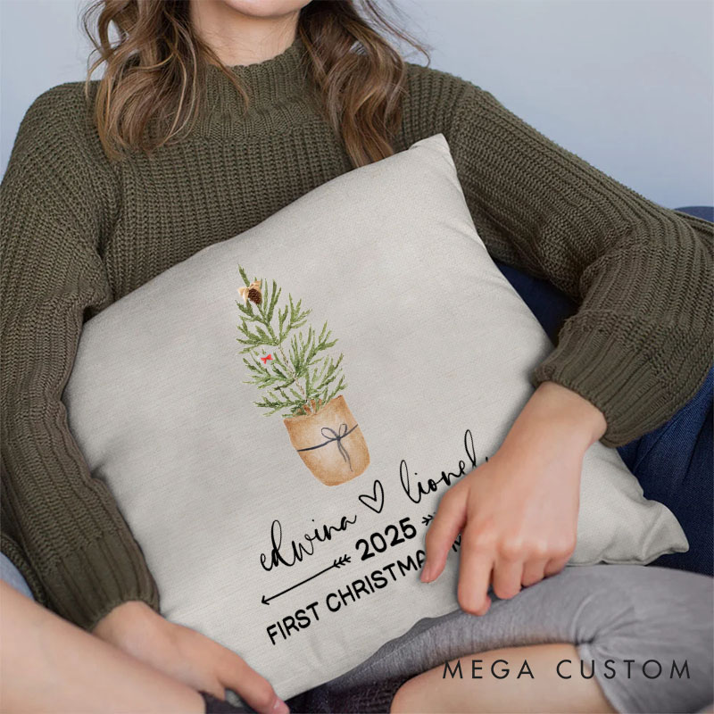 Personalized Couple First Christmas Married Pillow Newlyweds Name Pillow Xmas Tree and Heart Pillow 2025 Hubby Wifey Husband Wife Pillow for Him Her
