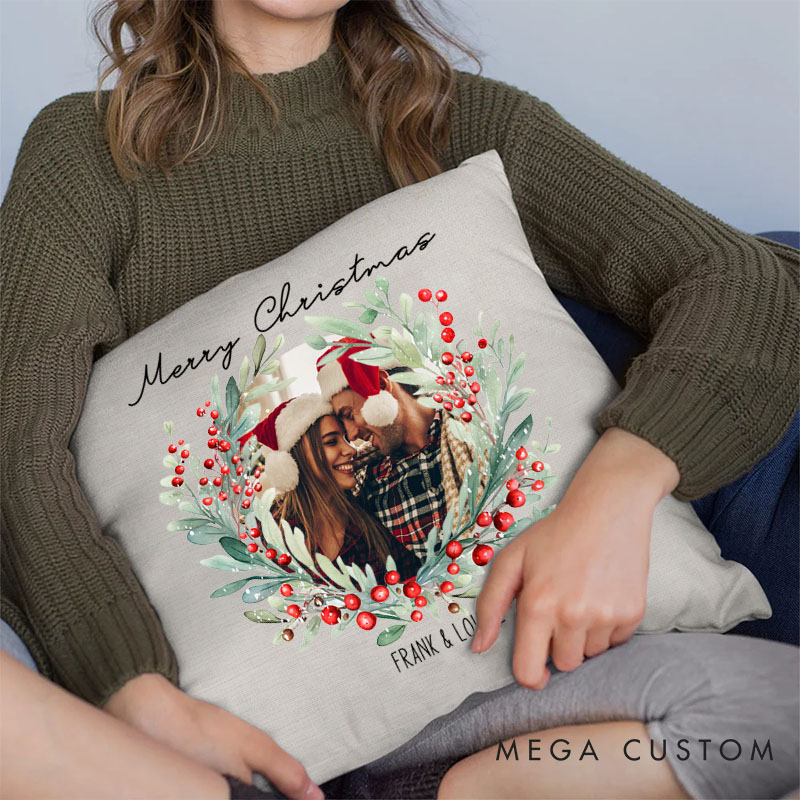 Personalized Couple Merry Christmas Wreath Pillow with Photo Custom Name Pillow Boyfriend Girlfriend Xmas Pillow Husband Wife Pillow for Him Her