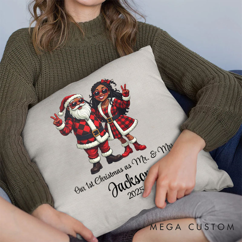 Personalized Santa Couple Our First Christmas as Mr. and Mrs. Pillow Newlyweds Name Pillow Xmas Pillow Hubby Wifey Husband Wife Pillow for Him Her