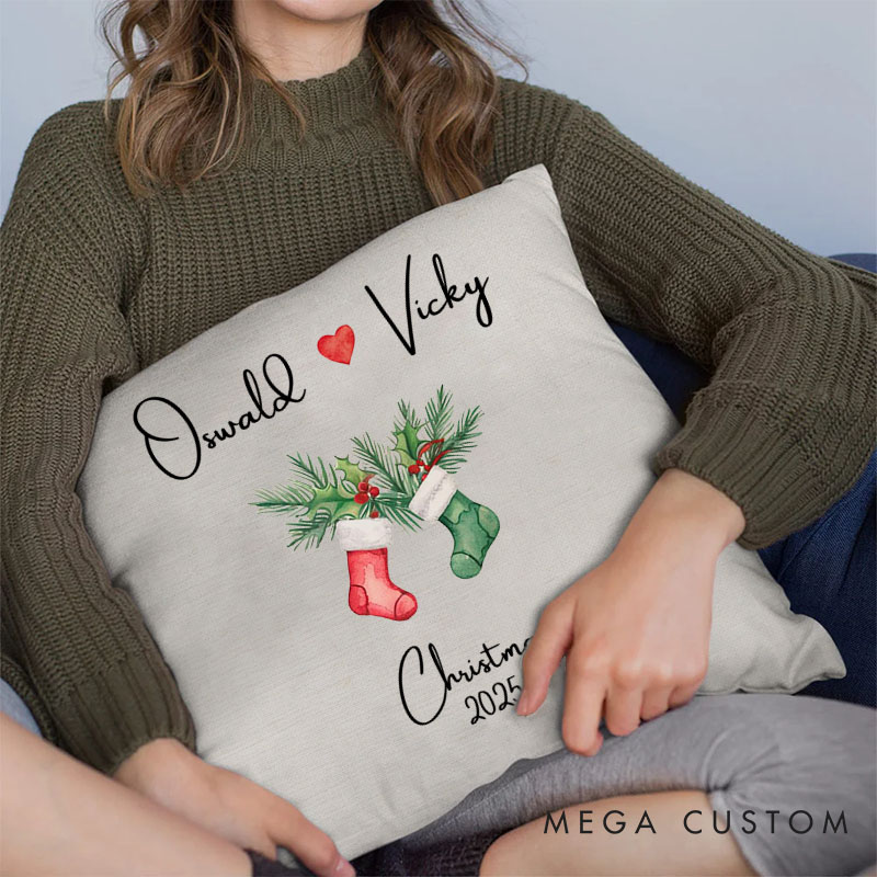 Personalized Couple Christmas Stocking Pillow Custom Couple Name with Heart Pillow Xmas Pillow Boyfriend Girlfriend Husband Wife Pillow for Him Her