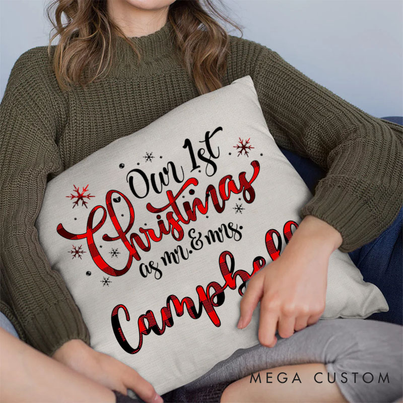 Personalized Couple Red Plaid Our First Christmas as Mr. and Mrs. Pillow Newlyweds Name Pillow Xmas Pillow Hubby Wifey Husband Wife Pillow for Him Her