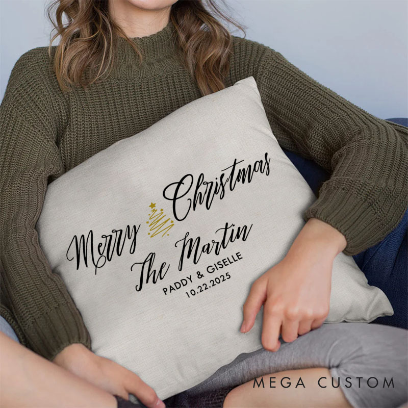 Personalized Couple Merry Christmas with Xmas Tree Pillow Newlyweds Name Pillow Xmas Pillow Hubby Wifey Husband Wife Pillow for Him Her