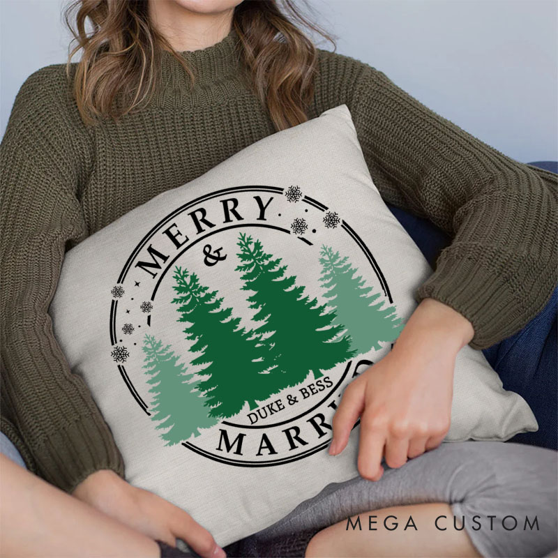 Personalized Couple Merry and Married Christmas Pillow Custom Newlyweds Name Pillow Xmas Tree Pillow Hubby Wifey Gift Husband Wife Pillow for Him Her