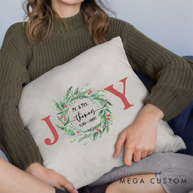 Personalized Couple JOY with Wreath Christmas Pillow Custom Newlyweds Name Pillow Mr. and Mrs. Xmas Pillow Hubby Wifey Husband Wife Pillow for Him Her