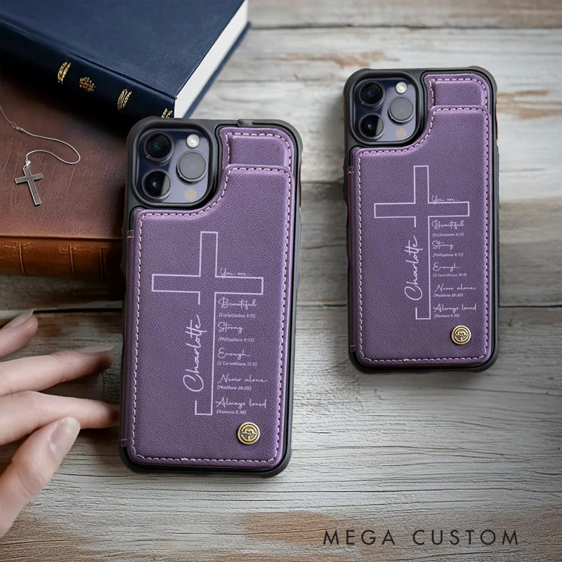Personalized Cross Bible Leather Flip Wallet Phone Case for iPhone with Name RFID Blocking Card Holder Baptism Birthday Gift for Christian