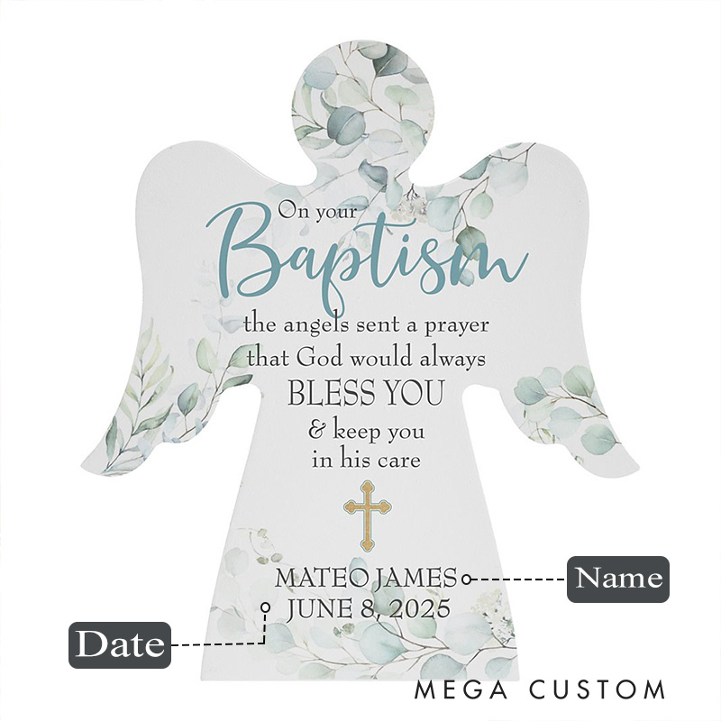 Personalized on Your Baptism Wood Angel with Name and Date Religious Gift Baptism Gift for Boys and Girls