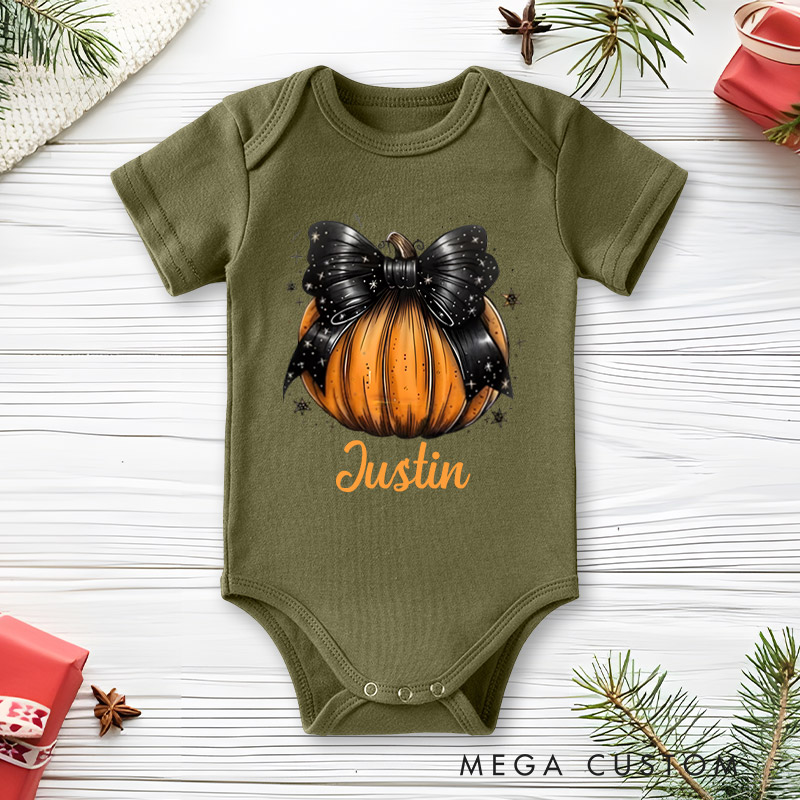 Personalized Pumpkin Bow Design Baby Bodysuit with Name Halloween Baby Shower Gift for Baby Newborn