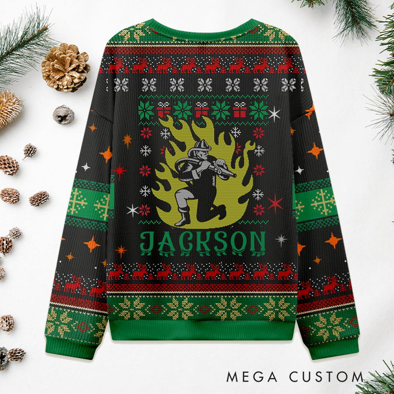 Personalized Firefighter Christmas Sweater Firefighter in Flames Design Sweatshirt Gift for Firefighters