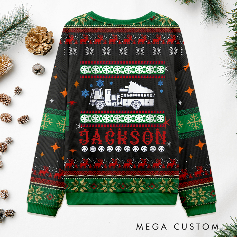 Personalized Firefighter Christmas Sweater Fire Truck with Ladder Design Sweatshirt Gift for Firefighters