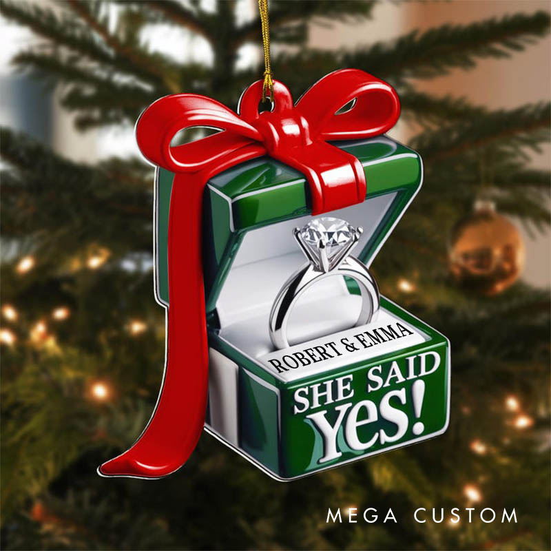 Personalized Couple Engagement She Said Yes Ring Box Acrylic Custom Christmas Ornament Newlywed Name Xmas Christmas Ornaments for Husband Wife