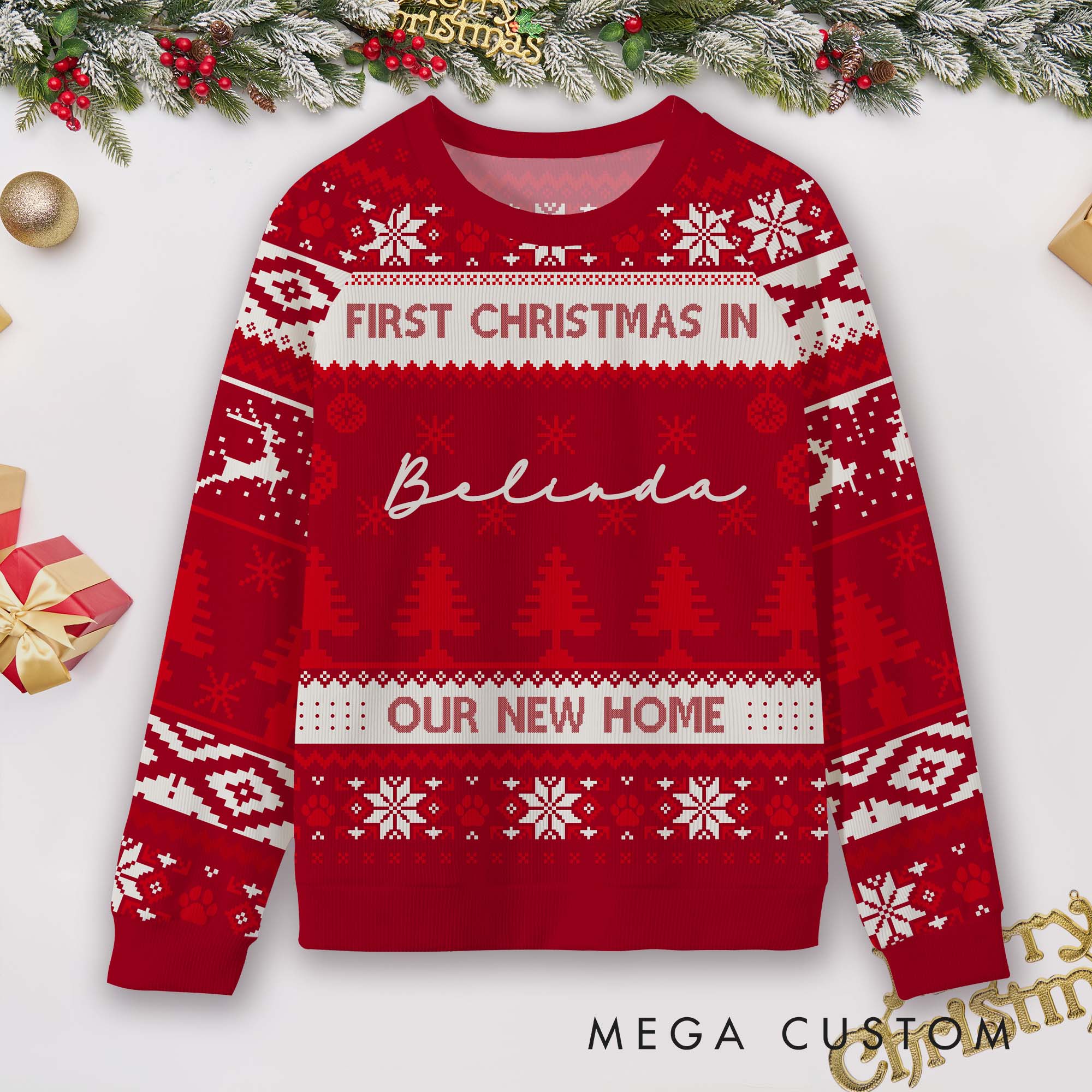 Personalized First Christmas in Our New Home Ugly Sweater Custom Housewarming Gift Festive Holiday Sweatshirt for Family Christmas Party Decorations