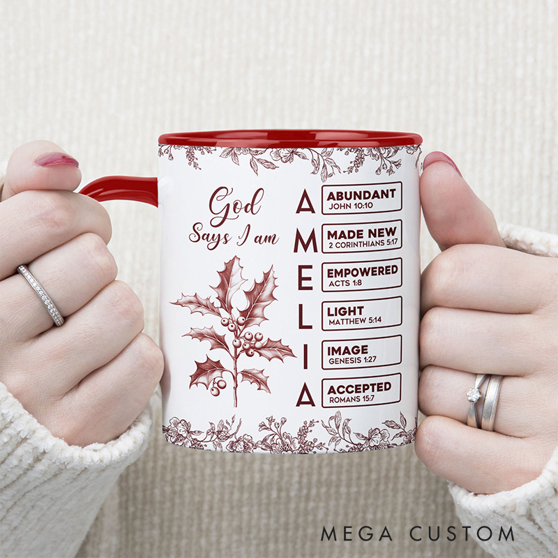 Personalized Toile De Jouy Birth Flower Bible Chapter Ceramic Inner Color Mug with Name Religious Gift Birthday Gift for Christians