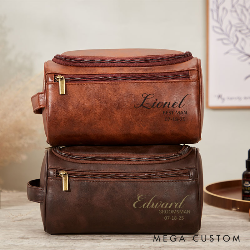 Personalized Engraved Leather Toiletry Bag for Men Groomsmen Gifts Travel Dopp Kit Groom PU Shaving Kit Bag Wedding Party Favors