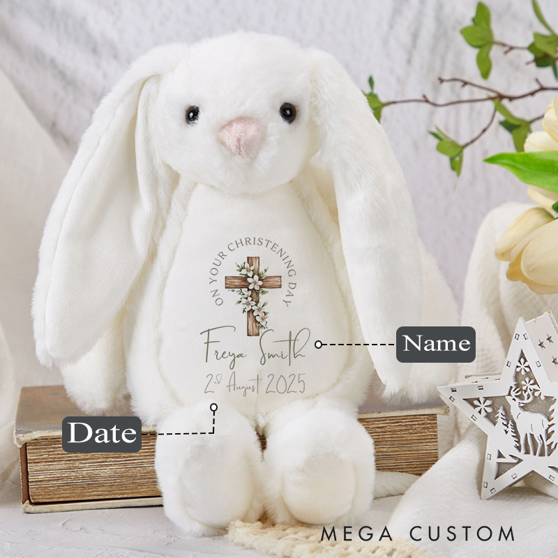 Personalized Floral Cross Cute Plush Bunny Stuffed Animal Toy with Name and Date Christening Gift Religious Gift for Kids