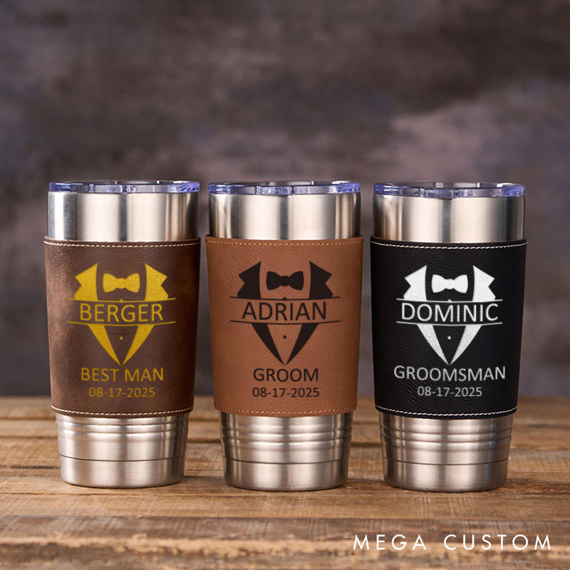 Personalized Groomsmen Gifts Tumbler 20oz Tumbler with Leather Sleeve for Men Groom Best Man Bachelor Party Gift Tumbler for Him