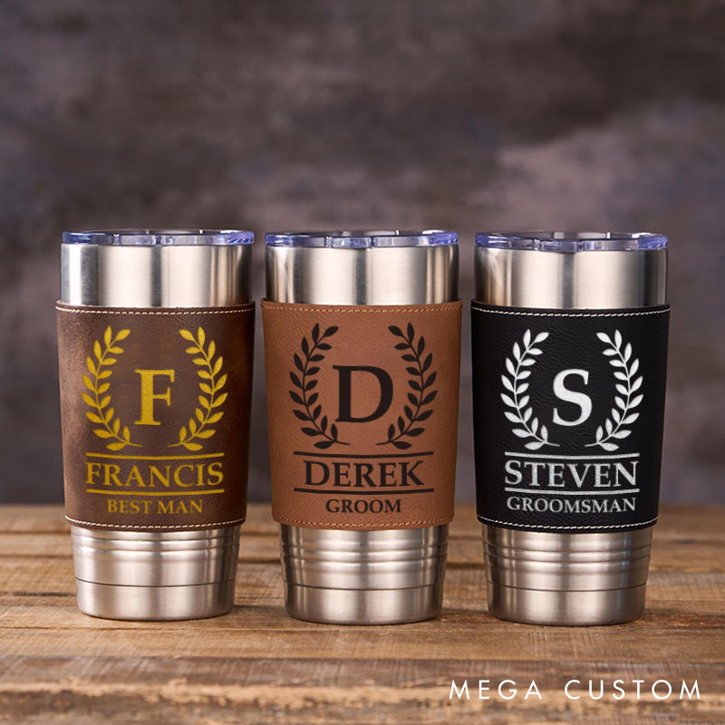Personalized Engraved Groomsmen Tumbler 20oz Groomsman Tumbler with Leather Sleeve Men’s Coffee Mug for Groom Best Man Wedding Party Gift Tumbler