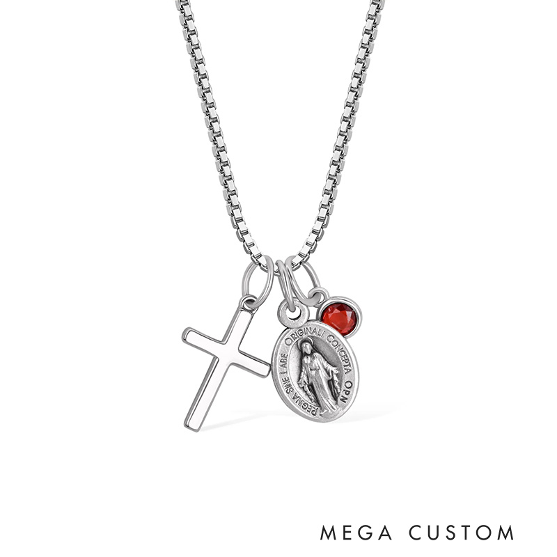 Personalized Virgin Mary Cross Necklace with Birthstone Dainty Jewelry Birthday Gift Religious Gift for Christian Women 