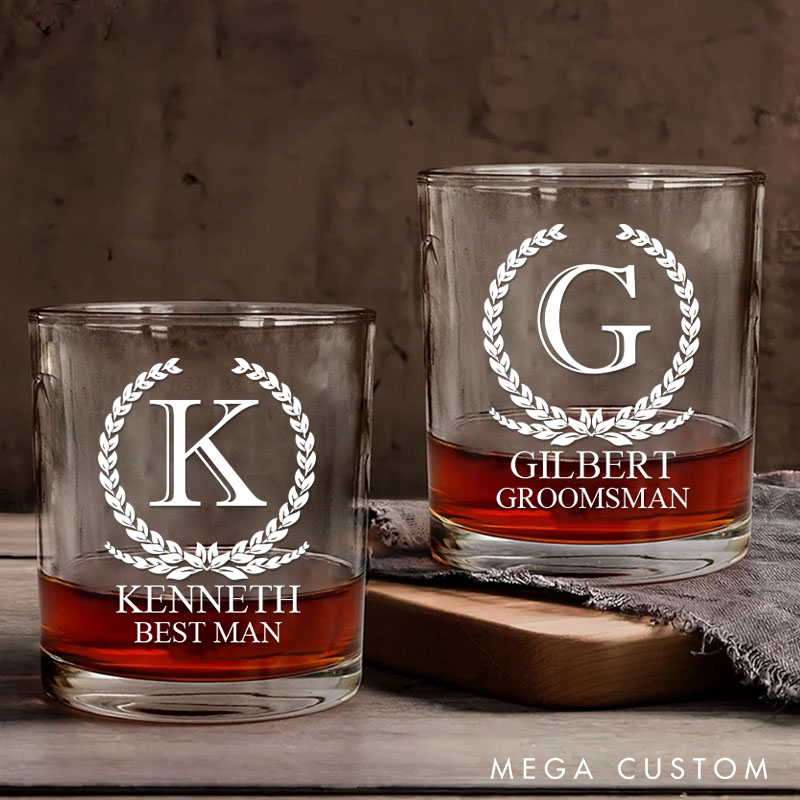 Personalized Groomsman Whiskey Glasses Groom Bachelor Party Whiskey Glasses Laurel Wreath Glasses Cup Best Man Groomsmen Proposal Cup 