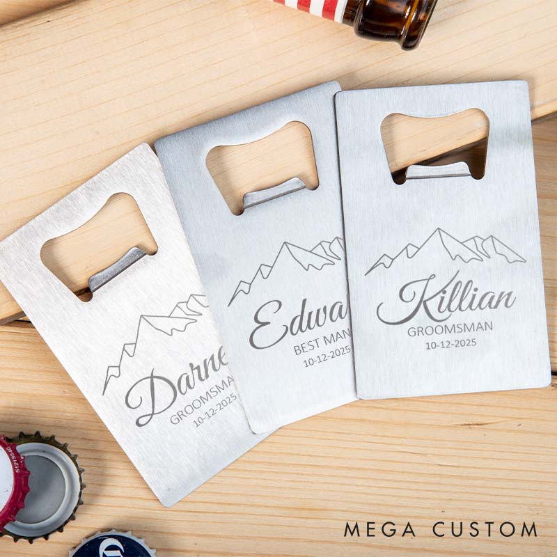 Personalized Groomsman Credit Card Bottle Opener Engraved Mountain-Themed Bottle Opener Groomsman Opener for Him Bachelor Favors Opener