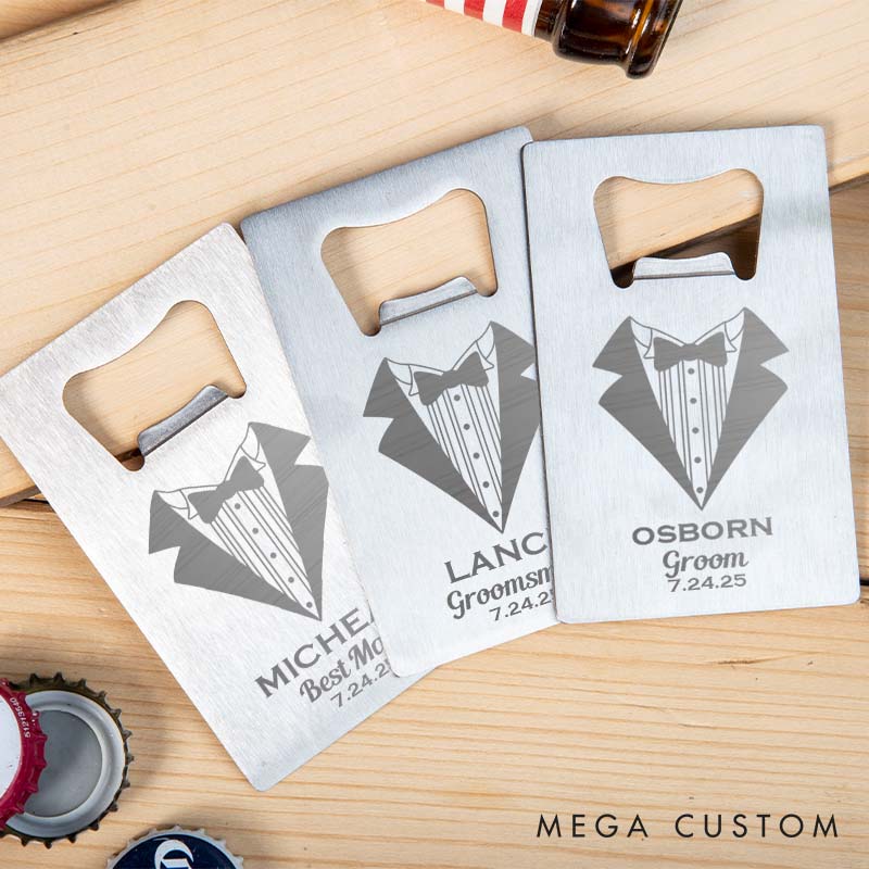 Personalized Groomsman Credit Card Bottle Opener Engraved Groom Tuxedo-Themed Bottle Opener Groomsman Opener for Him Wedding Favors Opener