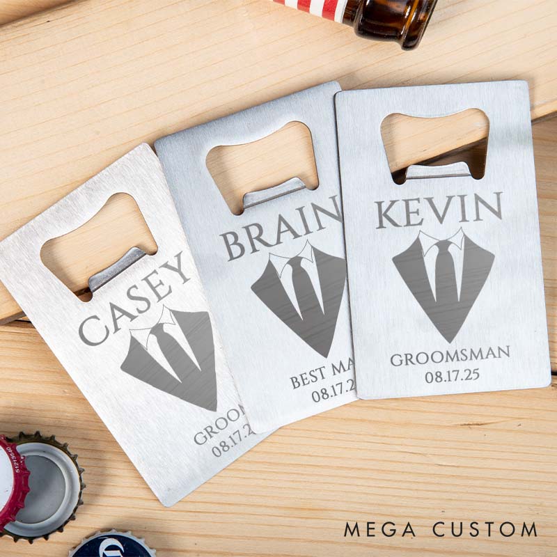 Personalized Groom Groomsman Bottle Opener Engraved Suit-Themed Credit Card Bottle Opener Groomsman Bachelor Opener Wedding Party Bottle Opener