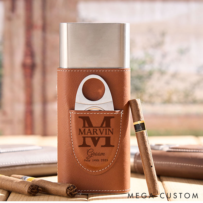 Personalized Groomsman Leather Cigar Case Engraved Monogrammed Groomsmen Cigar Holder with Cutter Groom Bachelor Favors Cigar Case Leather Cigar Accessories