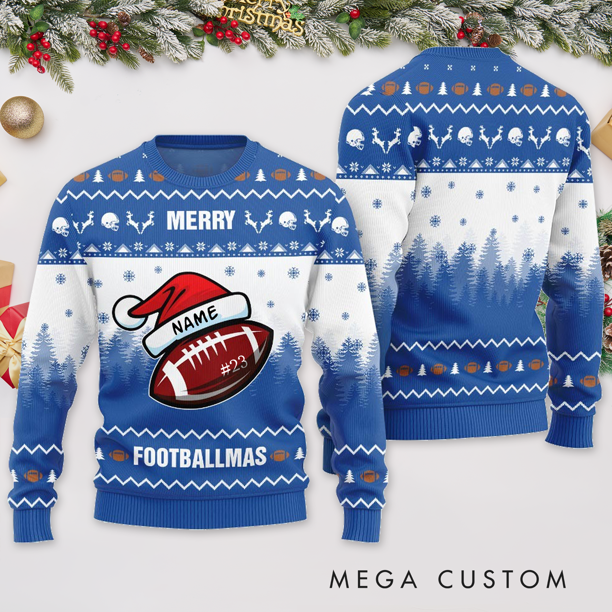 Personalized "Merry Footballmas" Christmas Sweater with Custom Name and Number