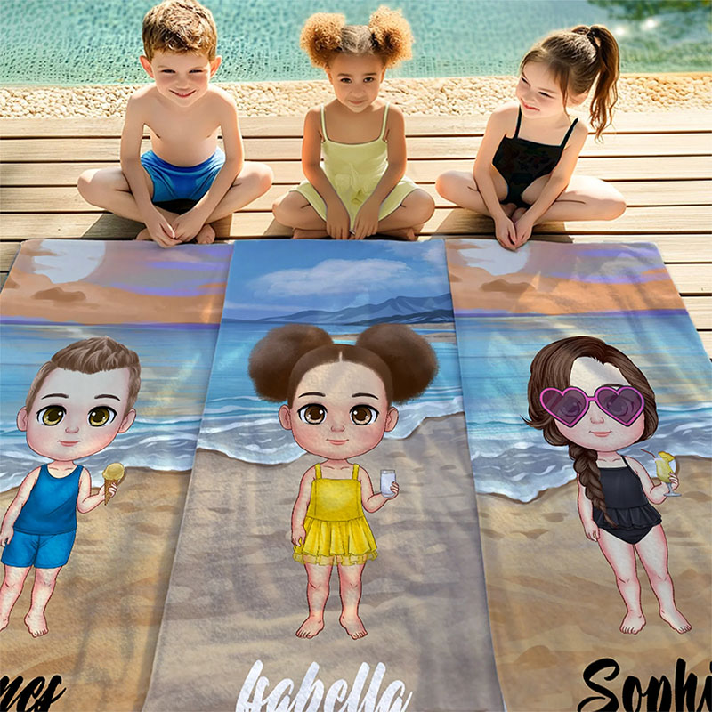 Personalized Sky Blue Sunset Cartoon Quick Dry Oversized Microfiber Beach Towel with Name Summer Travel Essentials Birthday Gift for Family Friends